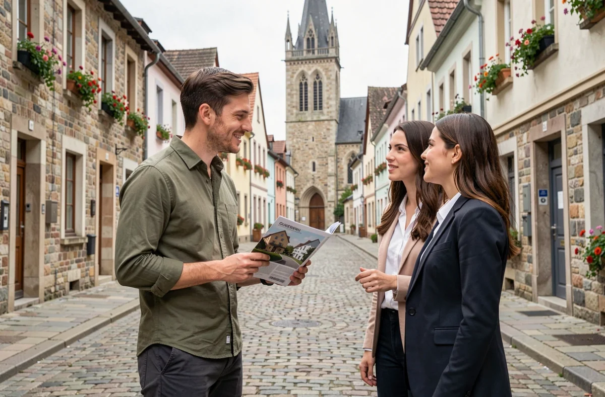Agent de 4%Immobilier Guebwiller conversant avec un couple dans les rues historiques de Guebwiller