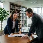 Une femme et un conseiller en investissement immobilier examinent des documents dans un bureau professionnel moderne