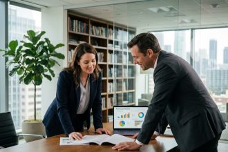 Une femme et un conseiller en investissement immobilier examinent des documents dans un bureau professionnel moderne