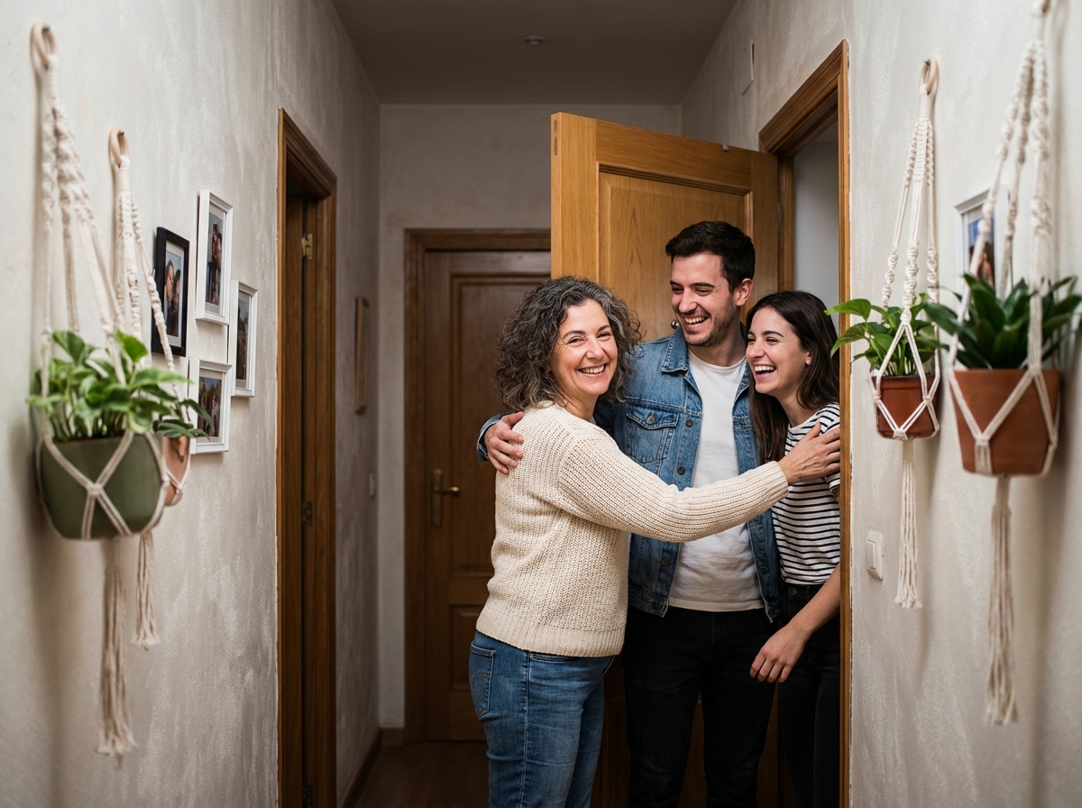Femme accueillante saluant un couple dans un couloir