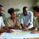 Groupe d'acheteurs sénégalais réunis autour d'une table pour un achat groupé de terrain à Dakar