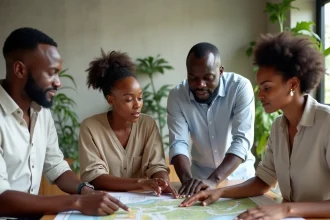 Groupe d'acheteurs sénégalais réunis autour d'une table pour un achat groupé de terrain à Dakar