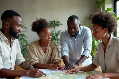 Groupe d'acheteurs sénégalais réunis autour d'une table pour un achat groupé de terrain à Dakar
