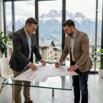 Couple étudiant des documents immobiliers dans une agence moderne à Andorre-la-Vieille avec vue sur les Pyrénées