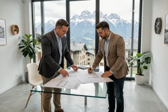 Couple étudiant des documents immobiliers dans une agence moderne à Andorre-la-Vieille avec vue sur les Pyrénées
