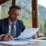 Acheteur immobilier examinant des documents légaux dans une agence andorrane avec vue sur les Pyrénées