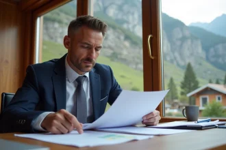 Acheteur immobilier examinant des documents légaux dans une agence andorrane avec vue sur les Pyrénées