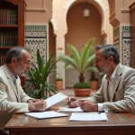 Acheteur français consultant un notaire marocain dans un bureau traditionnel à Marrakech pour l'achat d'une villa