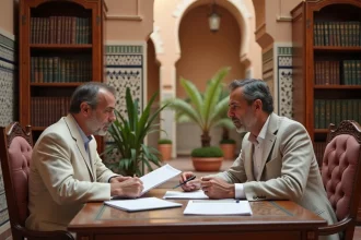 Acheteur français consultant un notaire marocain dans un bureau traditionnel à Marrakech pour l'achat d'une villa