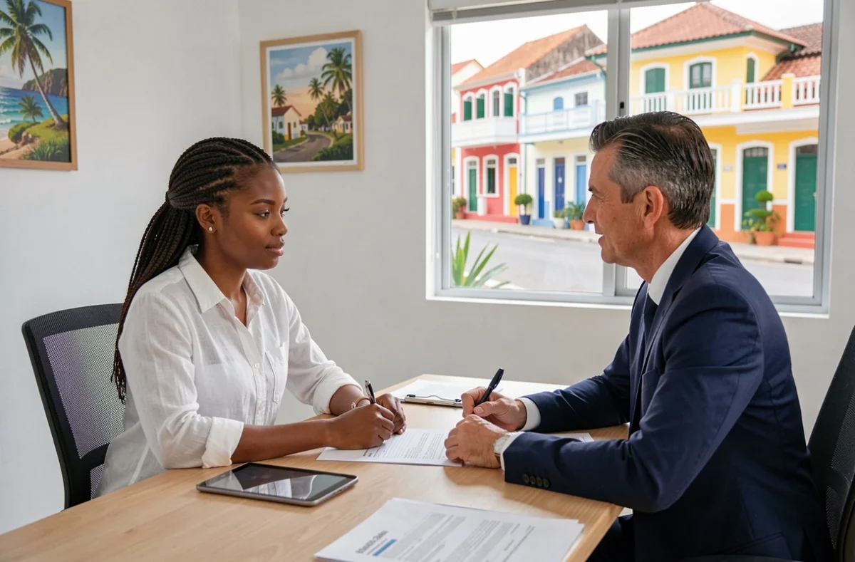 Jeune femme demandant un devis d'assurance habitation auprès d'un conseiller en agence en Guadeloupe