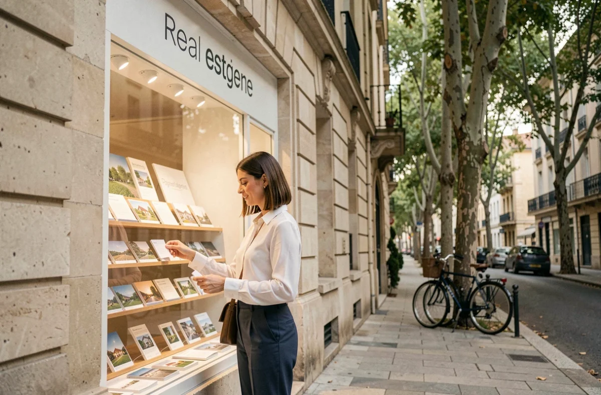 Agente immobilière de l'Agence du Courreau arrangeant des annonces dans la vitrine de l'agence dans un quartier résidentiel de Montpellier