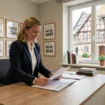 Agente immobilière professionnelle dans une agence de gestion locative en Alsace, examinant des documents de propriété dans un bureau moderne avec vue sur des maisons à colombages