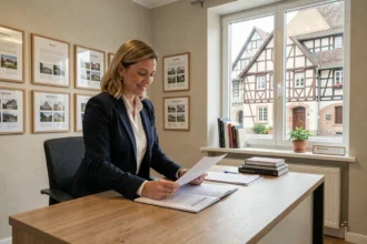 Agente immobilière professionnelle dans une agence de gestion locative en Alsace, examinant des documents de propriété dans un bureau moderne avec vue sur des maisons à colombages