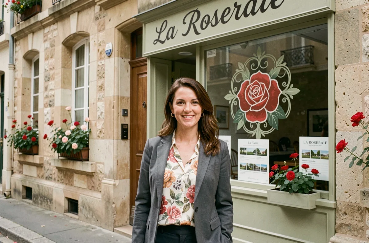 Agente de l'Agence La Roseraie devant la devanture de l'agence ornée de rosiers en fleurs