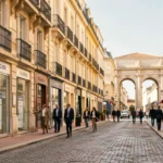 Vue grand angle d'une rue immobilière animée au cœur de Montpellier avec des façades élégantes et des vitrines d'agences immobilières