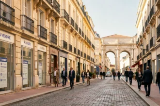 Vue grand angle d'une rue immobilière animée au cœur de Montpellier avec des façades élégantes et des vitrines d'agences immobilières