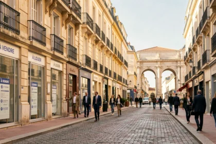 Vue grand angle d'une rue immobilière animée au cœur de Montpellier avec des façades élégantes et des vitrines d'agences immobilières