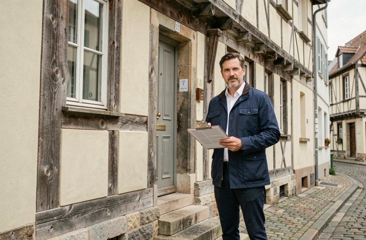 Agent tenant des documents d'assurance devant une maison à colombages typique du centre historique de Rennes