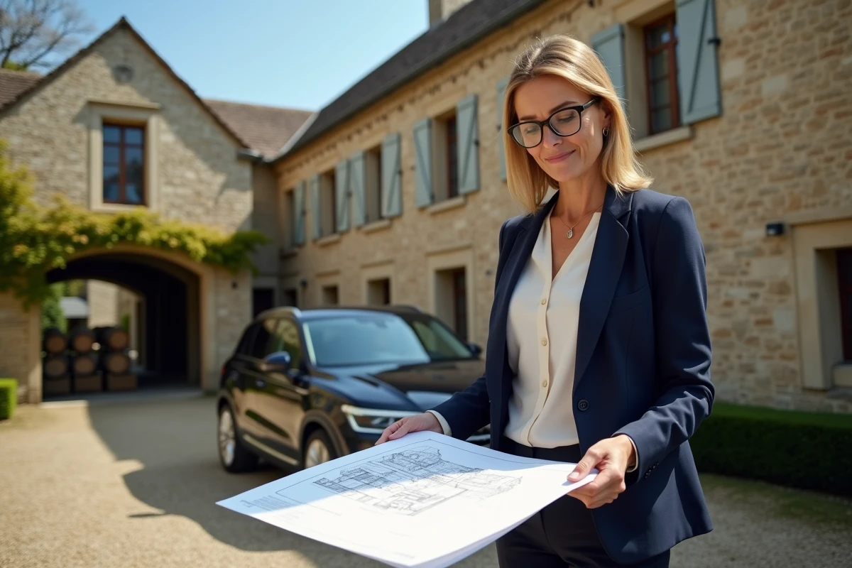 Agent immobilier étudiant des plans architecturaux devant un chai en pierre historique dans le Médoc bordelais
