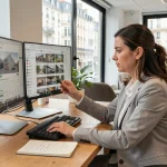 Femme agent immobilier comparant des biens sur un double écran dans une agence moderne à Lyon