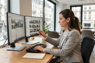 Femme agent immobilier comparant des biens sur un double écran dans une agence moderne à Lyon