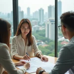 Agent immobilière thaïlandaise présentant un contrat de location d'appartement à des expatriés occidentaux à Bangkok