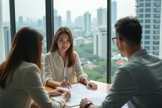 Agent immobilière thaïlandaise présentant un contrat de location d'appartement à des expatriés occidentaux à Bangkok