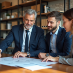 Agent immobilier en costume bleu discutant avec un couple
