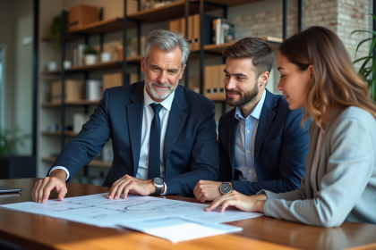 Agent immobilier en costume bleu discutant avec un couple