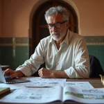 Agent immobilier marocain examinant des documents de vente d'appartement dans un bureau traditionnel de Marrakech avec décor en zellige