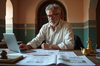 Agent immobilier marocain examinant des documents de vente d'appartement dans un bureau traditionnel de Marrakech avec décor en zellige