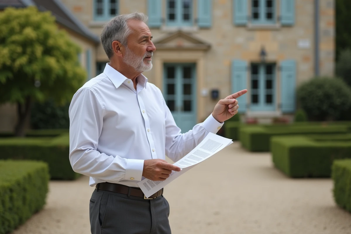 Agent immobilier présentant un rapport d'estimation de valeur de maison devant une propriété en pierre à vendre