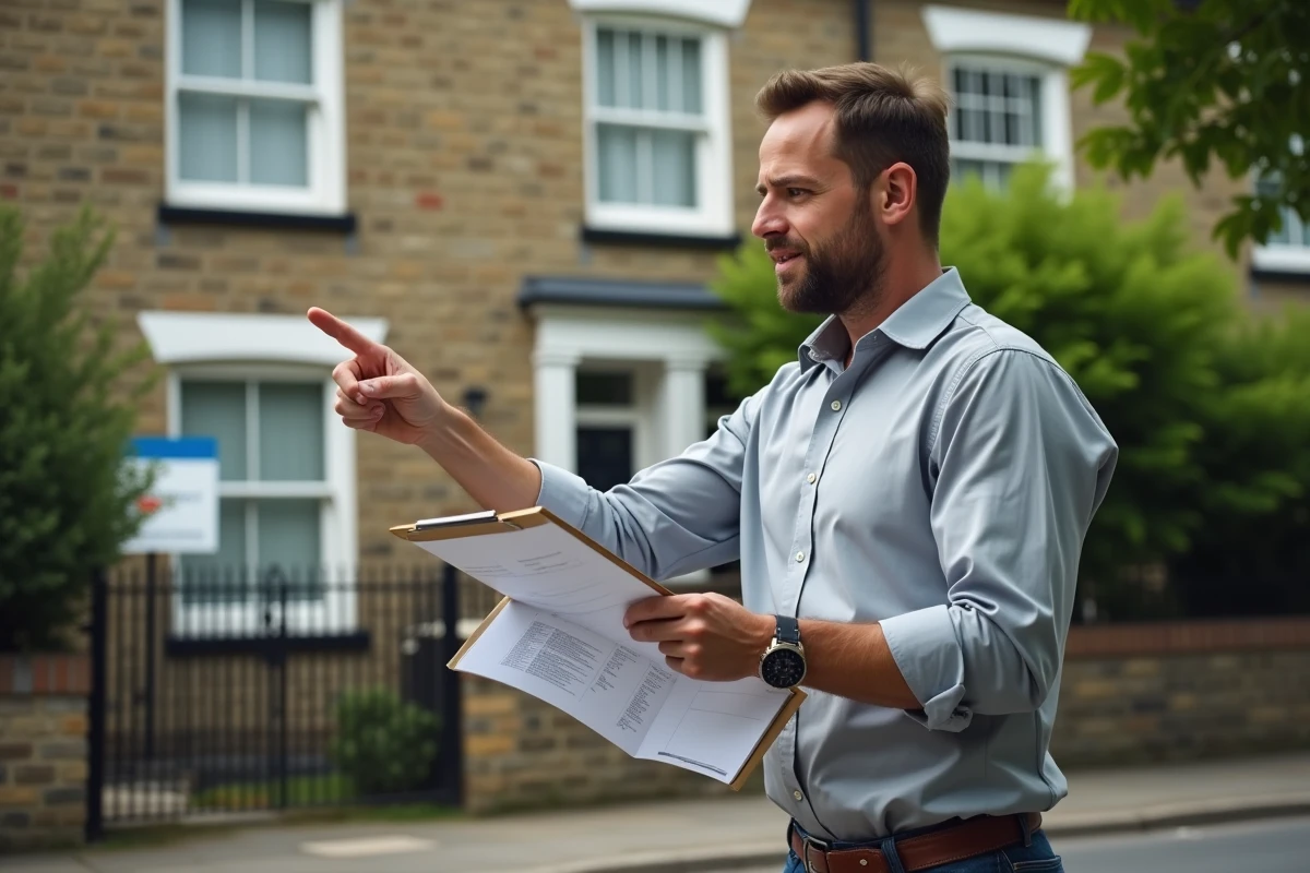 Agent immobilier évaluant une maison avec des documents d'estimation avant la mise en vente