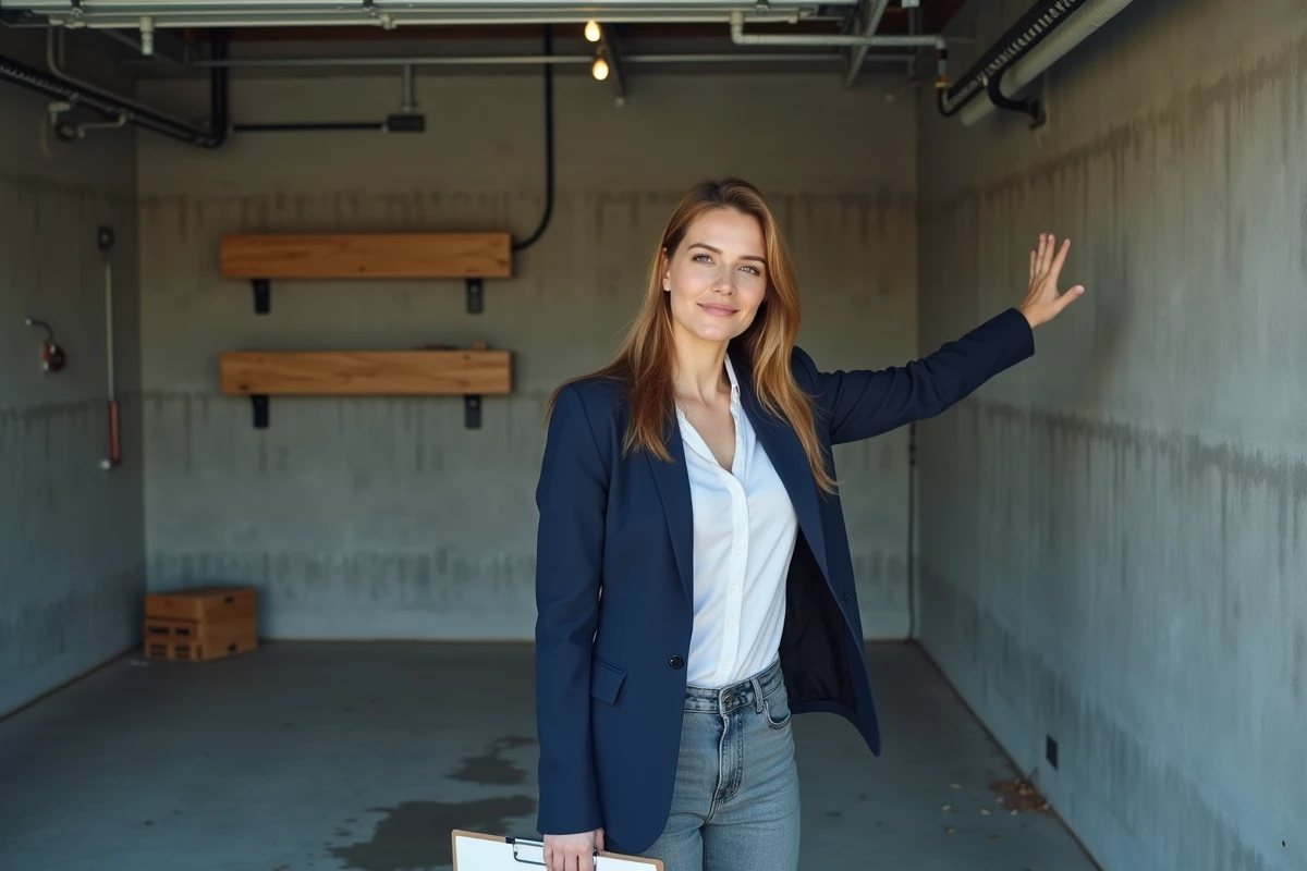 Agent immobilier expliquant la mitoyenneté d'un garage lors d'une visite de bien immobilier
