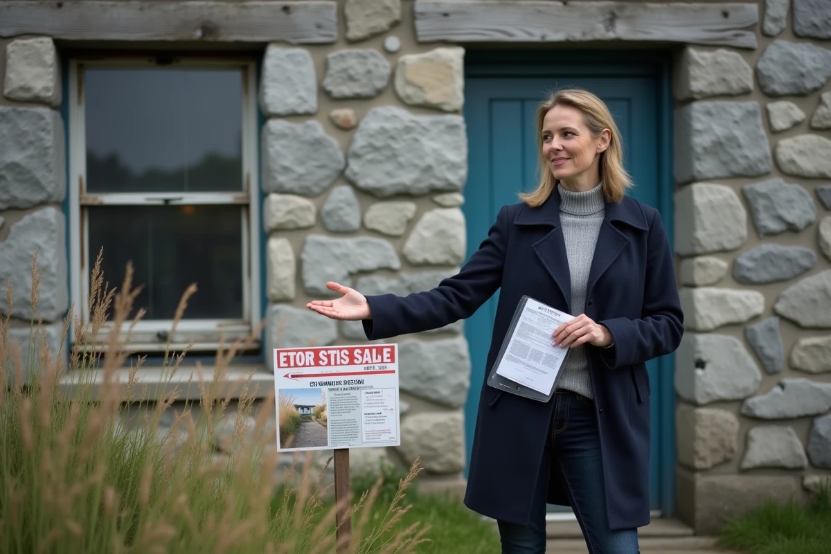 Agent immobilier devant une maison de pêcheur bretonne à vendre avec défauts visibles sur la façade