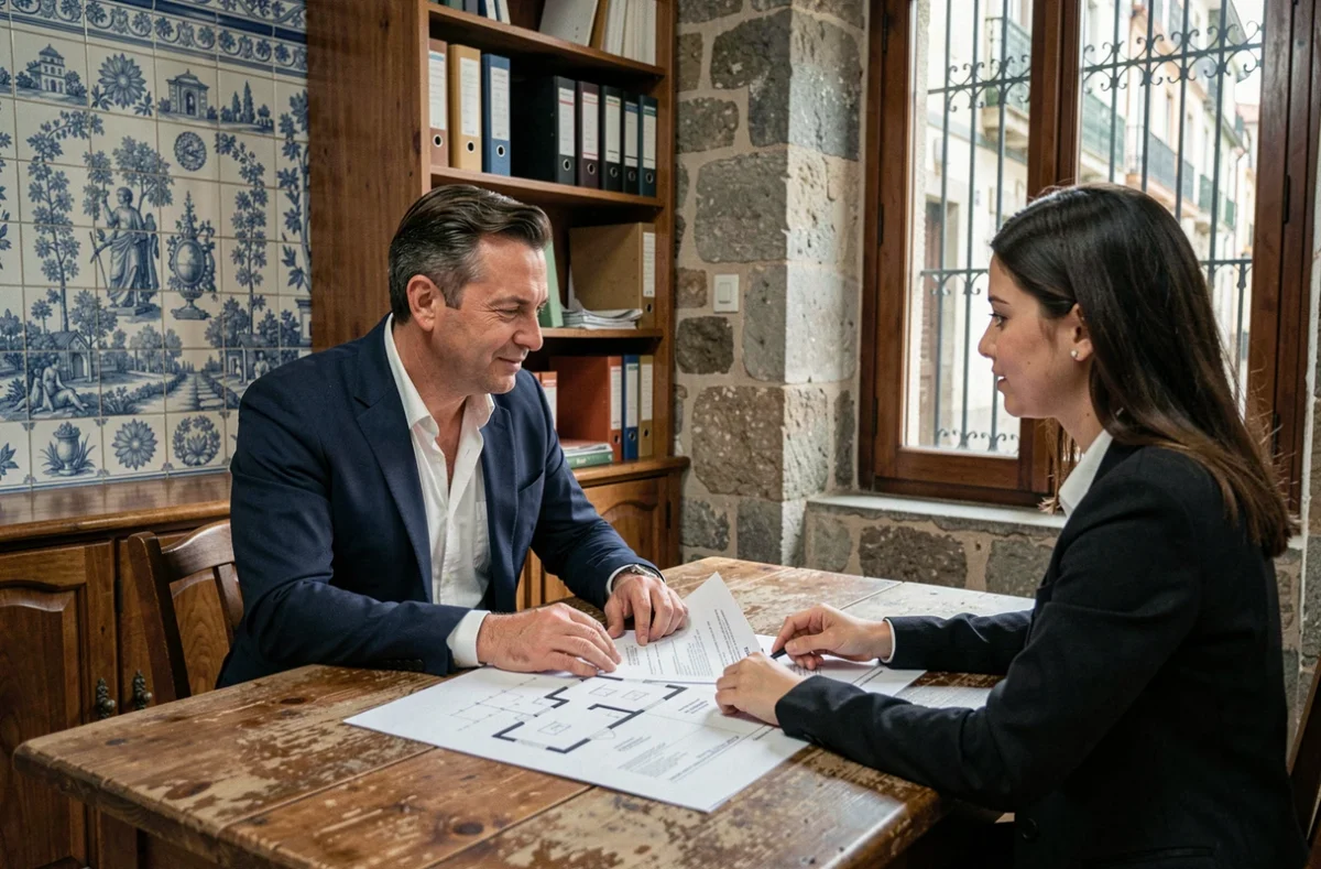 Agent immobilier et investisseuse analysant des plans et un contrat dans un bureau traditionnel portugais à Porto avec carreaux azulejo