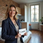 Agent immobilier tenant un panneau À Vendre dans un studio T1 parisien avec parquet et briques apparentes