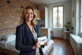 Agent immobilier tenant un panneau À Vendre dans un studio T1 parisien avec parquet et briques apparentes