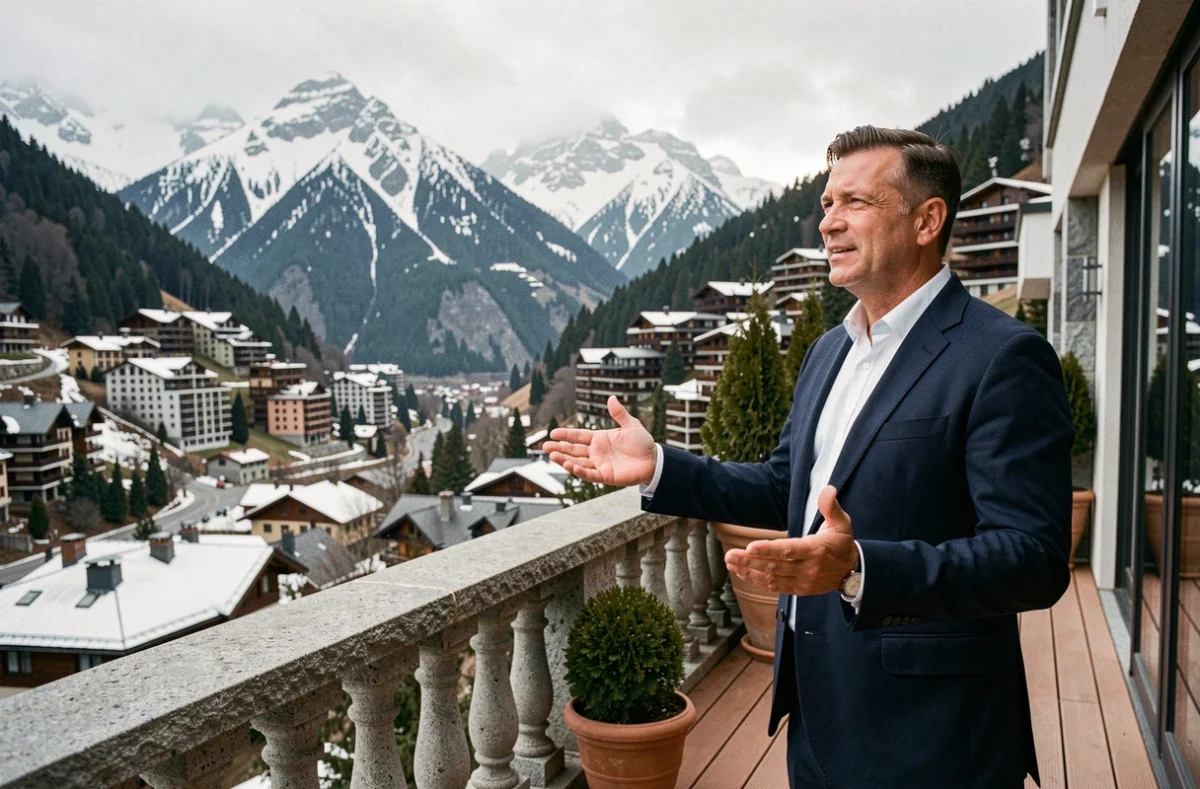 Agent immobilier sur la terrasse d'un appartement moderne en Andorre avec panorama sur les montagnes pyrénéennes