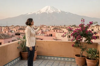 Agent immobilière sur une terrasse de Marrakech avec vue panoramique sur les montagnes de l'Atlas enneigées