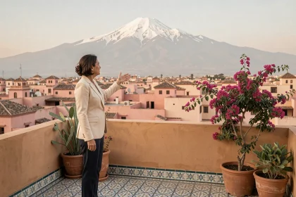 Agent immobilière sur une terrasse de Marrakech avec vue panoramique sur les montagnes de l'Atlas enneigées