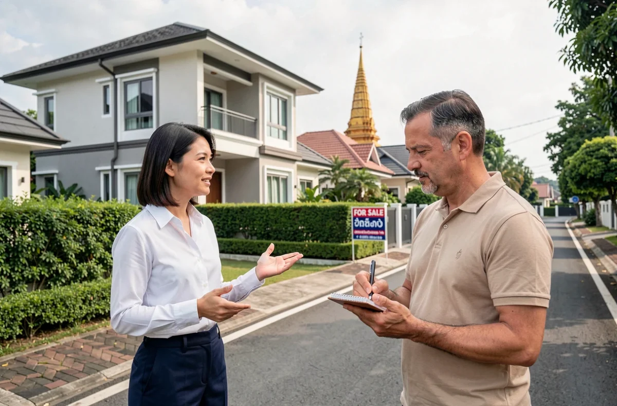 Agent immobilier thaïlandais présentant une maison neuve à un acheteur français dans une résidence à Chiang Mai