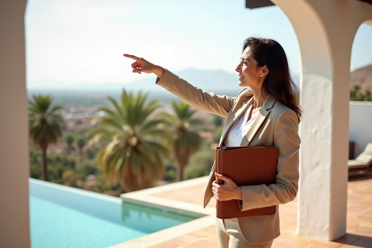 Agente immobilière marocaine présentant une villa de luxe en terrasse avec vue sur la Palmeraie de Marrakech