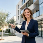 Agente immobilière devant un immeuble neuf moderne à Barcelone tenant une tablette