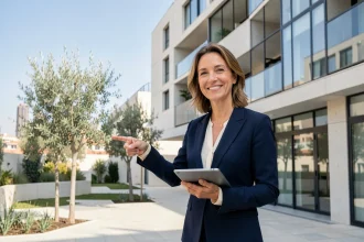 Agente immobilière devant un immeuble neuf moderne à Barcelone tenant une tablette