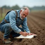Agriculteur mesurant la surface de son champ en ares dans la campagne française