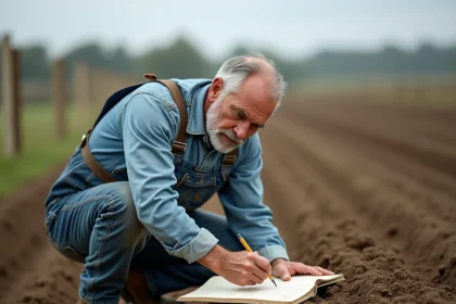 Agriculteur mesurant la surface de son champ en ares dans la campagne française