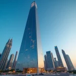 Vue en contre-plongée de l'Almas Tower dominant le quartier de Jumeirah Lake Towers à Dubaï