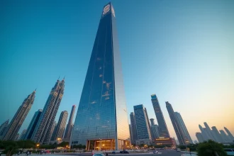 Vue en contre-plongée de l'Almas Tower dominant le quartier de Jumeirah Lake Towers à Dubaï