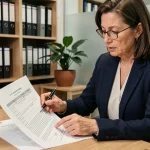 Femme d'affaires analysant un bail commercial et l'indice ILC dans un bureau professionnel